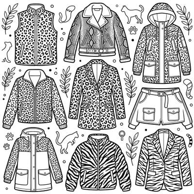 Dive into the world of fierce fashion with our captivating animal print outerwear coloring pages, featuring an array of coats, jackets, and vests. Express your creativity by bringing these stylish leopard, zebra, and snake designs to life with your favorite colors.