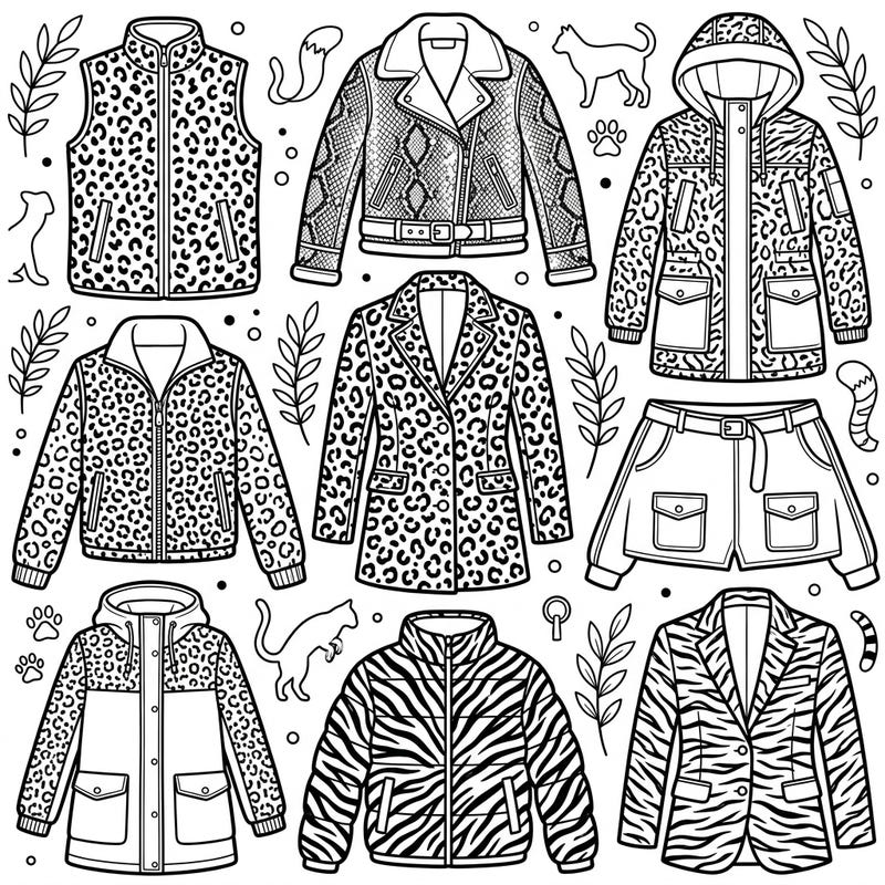 Dive into the world of fierce fashion with our captivating animal print outerwear coloring pages, featuring an array of coats, jackets, and vests. Express your creativity by bringing these stylish leopard, zebra, and snake designs to life with your favorite colors.