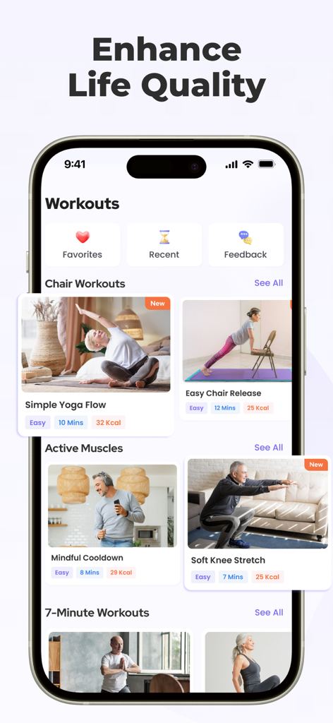 Chair Yoga for Seniors at Home - Pantalla de selección de entrenamiento en la aplicación Yoga en Silla para Personas Mayores en Casa mostrando varias rutinas de ejercicios basadas en silla.