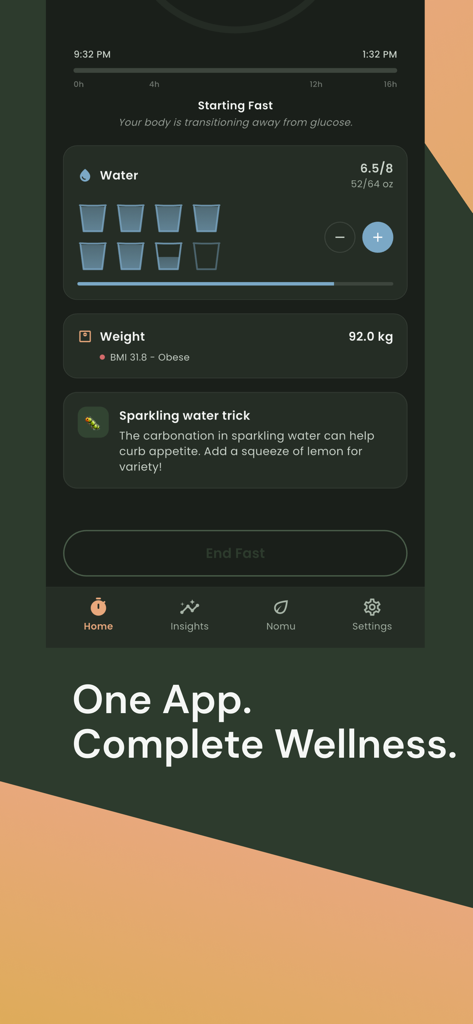 Nomu - Intermittent Fasting - Pantalla principal de la aplicación de ayuno intermitente Nomu que presenta el seguimiento de la ingesta de agua y el peso con un consejo de bienestar