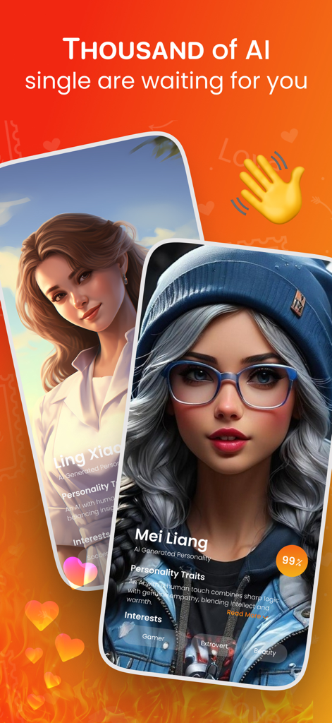 Flame AI: Fantasy Chat - Two AI character profiles in the Flame AI app showing personality traits and interests.