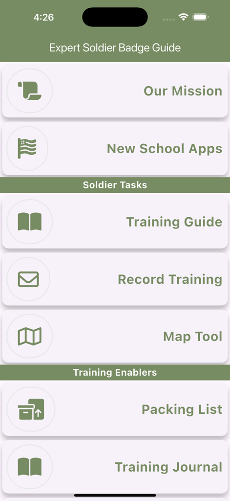 Home screen of the Expert Soldier Badge app showing training guides and soldier task management tools