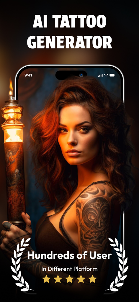 AI tattoo generator interface showing a woman with a detailed shoulder tattoo