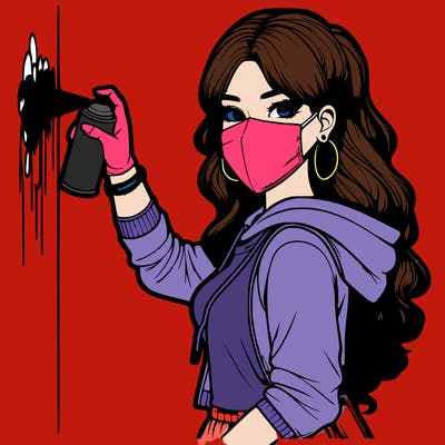 realistic girl with mask spray painting a wall