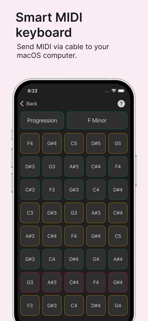 Chord - Smart MIDI keyboard interface in the Chord app with musical note pads for F Minor progression.