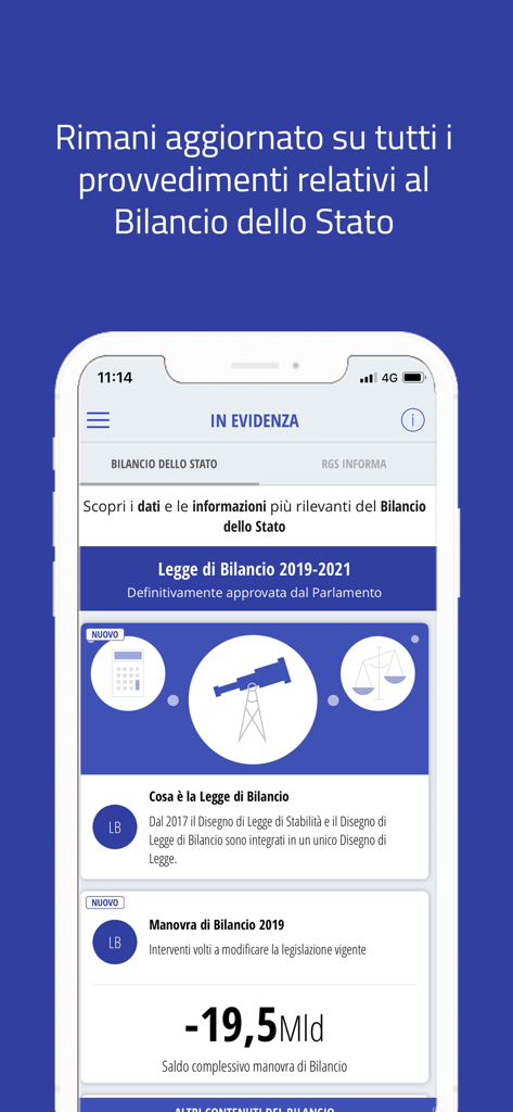 Écran des points forts de l'application Bilancio Aperto montrant les actualités du budget de l'État italien et les données financières