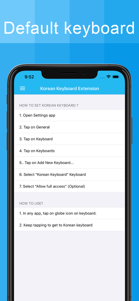 Step-by-step instructions on how to set up and use the Korean keyboard extension on an iPhone.
