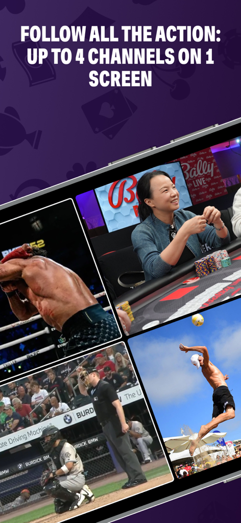 Bally Sports Live - Bally Sports Live app interface showing four simultaneous live streams including baseball, poker, volleyball, and combat sports