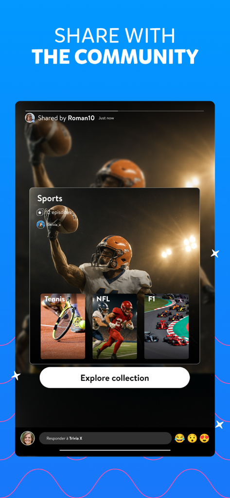 Pantalla de la aplicación Trivia Crack Premium que muestra una colección compartida de trivias deportivas con categorías de la NFL y el Tenis.