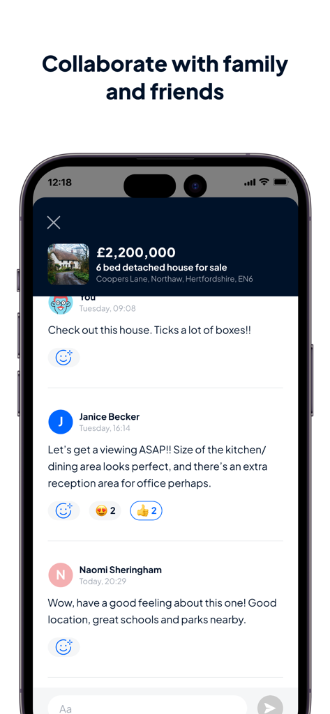 OnTheMarket Property Search - Interface of the OnTheMarket app showing users chatting and collaborating on a property listing