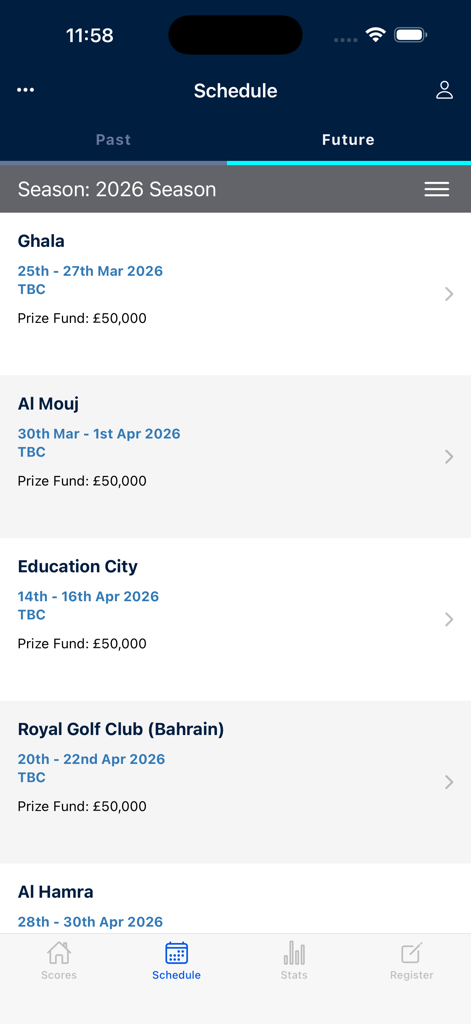 Future tournament schedule and event dates for the 2026 Clutch Pro Tour golf season.