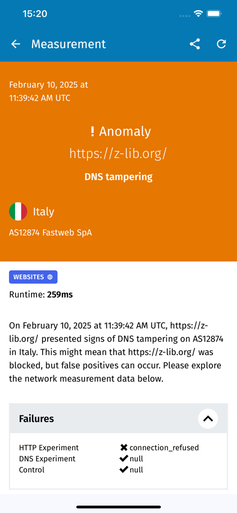 OONI Probe - Aplicación OONI Probe informando sobre manipulación de DNS para un sitio web en Italia