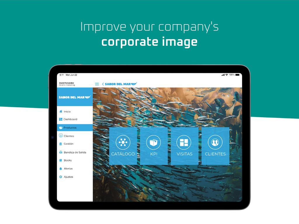 Pantalla de iPad mostrando la aplicación Catalog Player con un panel de ventas corporativas y opciones de catálogo multimedia