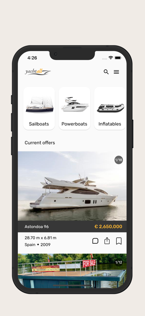 Yachtall.com - Yachtall mobile app interface showing luxury yacht listings and boat categories