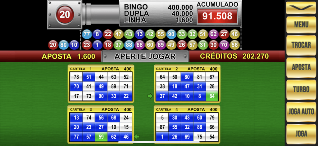 A gameplay screenshot of Super King Bingo featuring four cards and a numbered ball draw