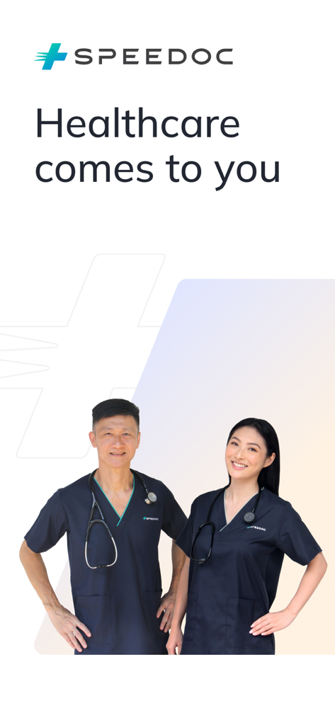 Speedoc: Virtual Hospital - Profesionales médicos de Speedoc con batas y el lema La atención médica va a usted