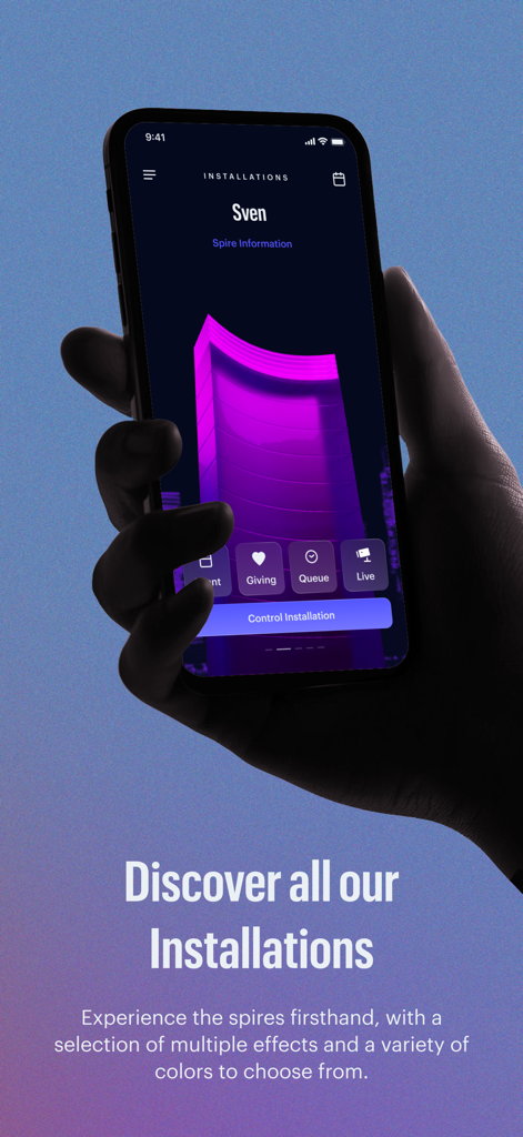 Spireworks - Smartphone showing the Spireworks app interface for controlling NYC building lights.