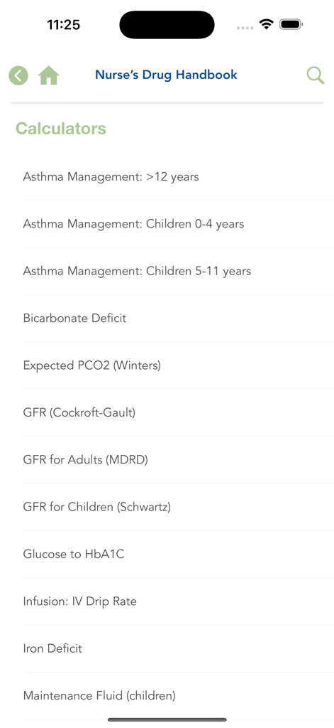 Interfaz que muestra una lista de calculadoras médicas en la aplicación móvil Nurses Drug Handbook, que incluye tasa de goteo IV y manejo del asma.