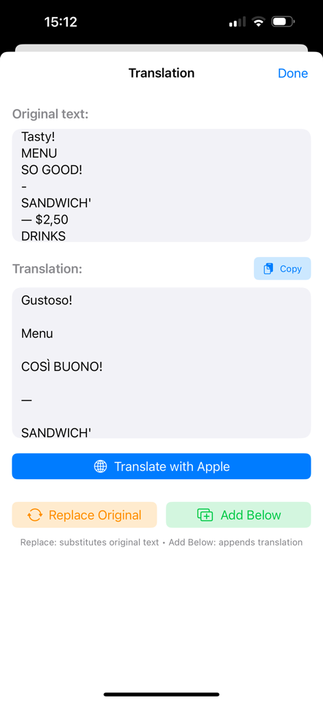 PhotoText OCR Pro - Interfaz de PhotoText OCR Pro mostrando el texto original del menú en inglés y su traducción al italiano con opciones para copiar o agregar al documento