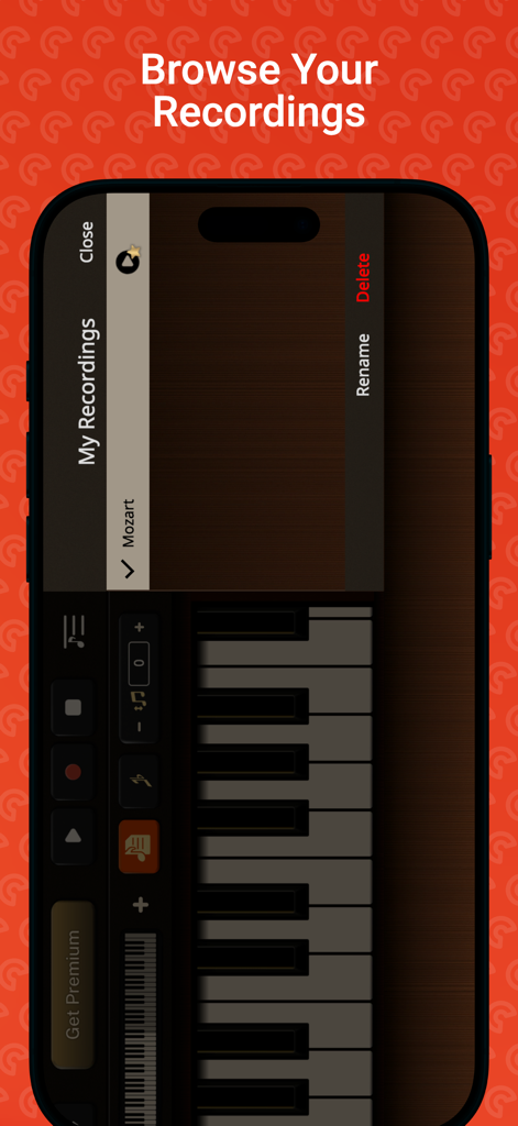 A mobile screen showing the recordings management interface of the Piano Sim app where users can browse and edit their saved piano pieces.