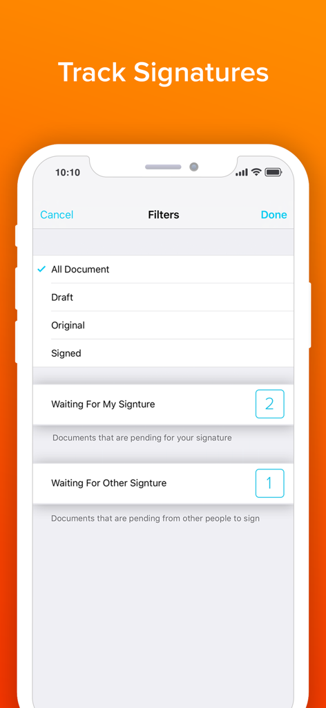 Signature Maker & Esign Now - Mobile App-Oberfläche zum Verfolgen und Filtern des Signaturstatus von Dokumenten