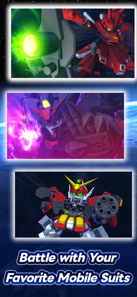 Tre scene d'azione di mobile suit SD Gundam in battaglia con il testo Combatti con i tuoi Mobile Suit preferiti.