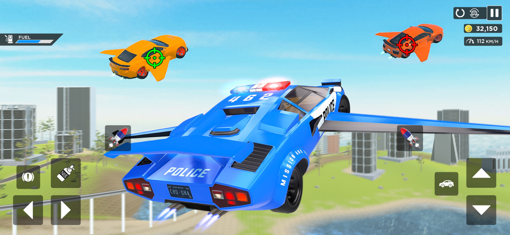 Flying Car Game: Police Games - A blue police car with wings flying through a city in a futuristic car game