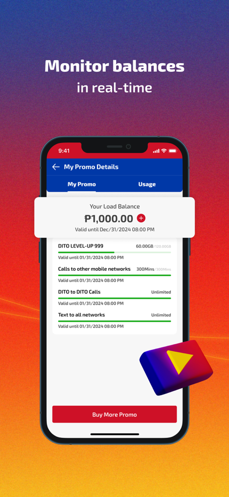 DITO app screen displaying real time load balance and detailed promo usage for data, calls, and texts.