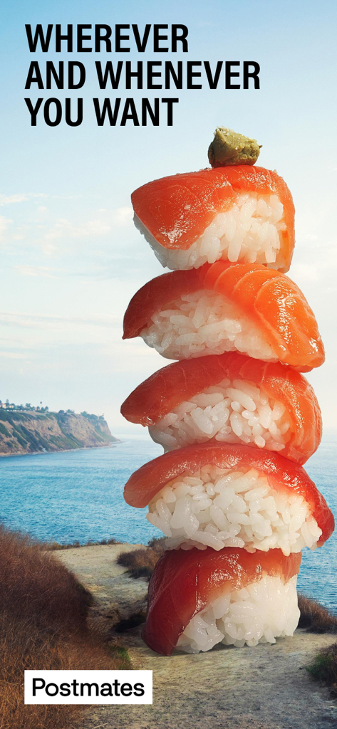 Postmates - Food Delivery - Ein Stapel Lachs-Sushi-Nigiri mit einem malerischen Küstenhintergrund und dem Postmates-Logo.