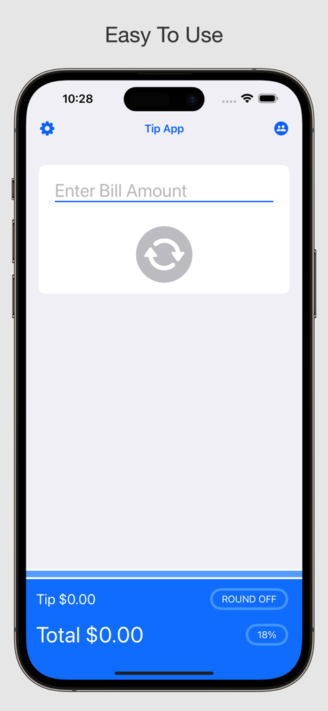 Une interface d'application mobile simple et épurée pour entrer les montants des additions de restaurant et calculer les pourboires
