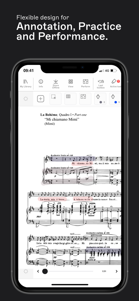 nkodaモバイルアプリのインターフェースに表示された、カラフルな注釈が施されたデジタル楽譜