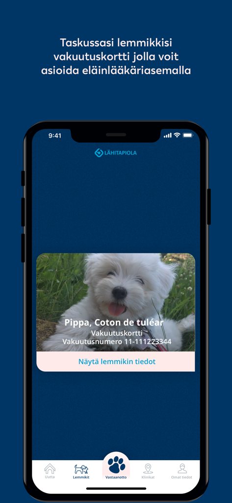 Mobile app screen showing a digital insurance card for a pet dog named Pippa