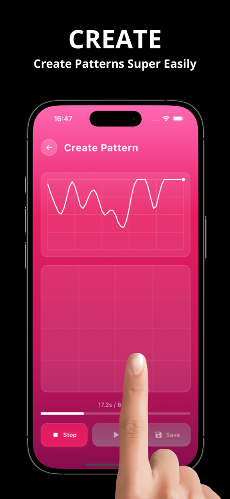 iPhone screen displaying the custom vibration pattern creator interface within the Vibrator Massage Controller app.