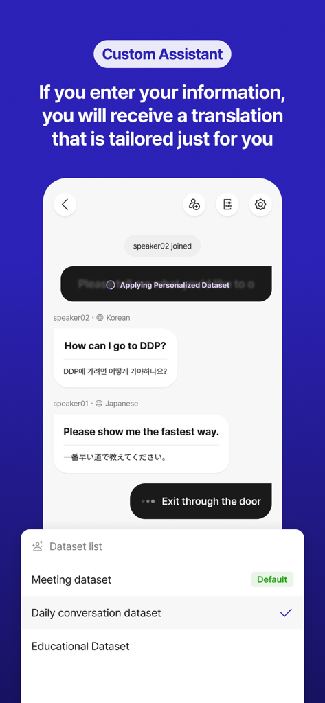 Flitto Chat Translation interface showing the Custom Assistant feature with personalized dataset options for tailored messaging.