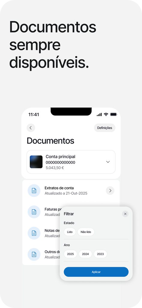 Interfaccia dell'app Caixadirecta Empresas che mostra la schermata di gestione dei documenti con estratti conto e opzioni di filtraggio.