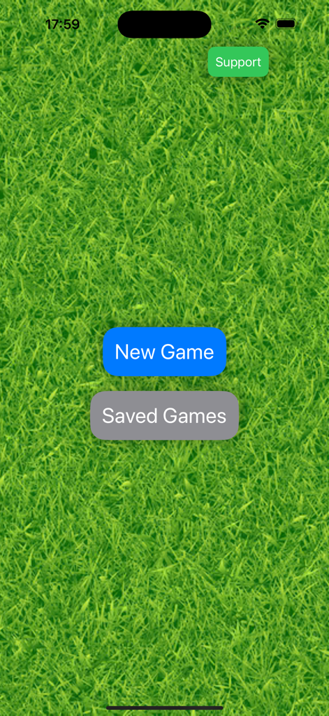 Startbildschirm der Easy Stroke Counter App mit den Schaltflächen 'Neues Spiel' und 'Gespeicherte Spiele' auf einem Gras-Hintergrund
