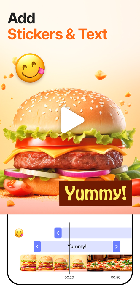 SpeedPro Slow speed video edit - Video editing app interface showing how to add stickers and text to a food video