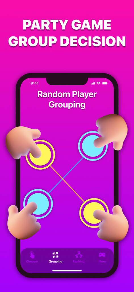 Finger Chooser: Party Picker - A mobile app screen showing the random player grouping feature with four fingers touching neon circles to form teams
