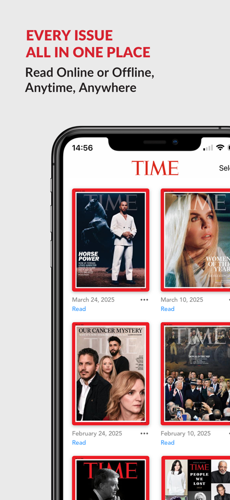 TIME Magazine - TIME Magazine app interface showing a grid of various magazine covers and issues available for digital reading.