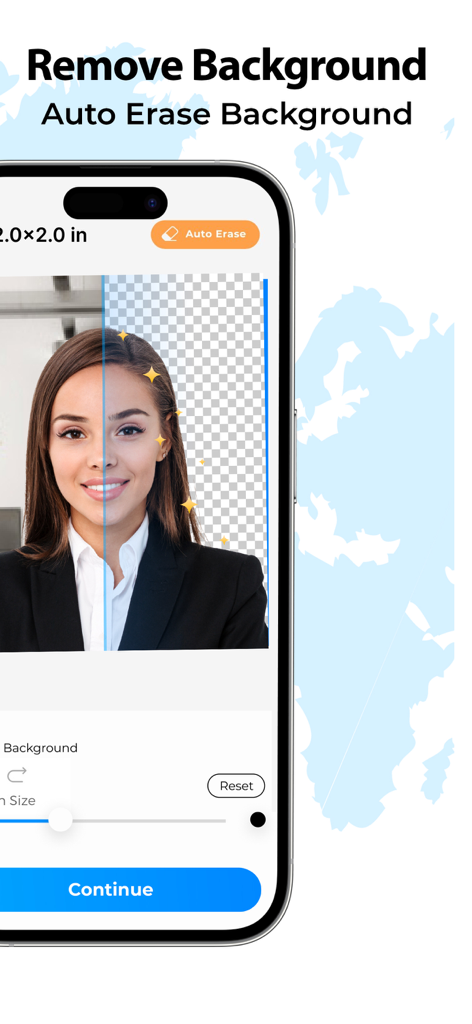 Passport Size ID Photo Maker - Oberfläche der Passbild-Ersteller-App, die die Funktion zum automatischen Entfernen des Hintergrunds zeigt