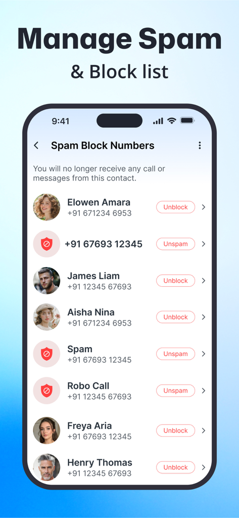 Interface of the Show Caller ID PRO app displaying the Manage Spam and Block list feature with options to unblock or unspam numbers.