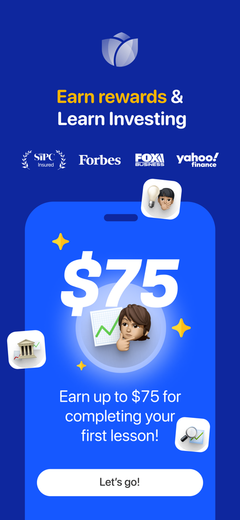 Bloom: Learn to Invest - Promotional screen for Bloom app offering a seventy-five dollar reward for completing the first investing lesson
