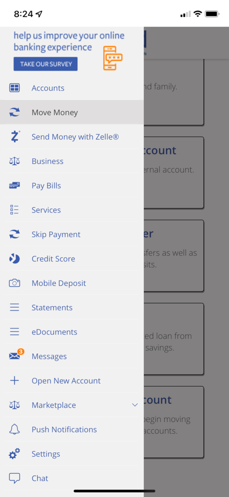 United Federal Credit Union - Side navigation menu of the United Federal Credit Union mobile app showing banking services including Accounts, Move Money, and Mobile Deposit