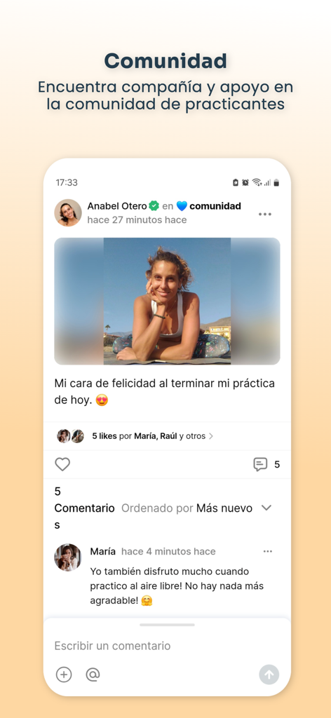 A screenshot of the Plenamente app community screen showing social interaction and posts from instructor Anabel Otero