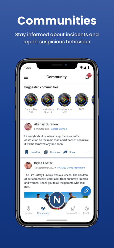 Namola app interface showing community safety reports and local incident alerts