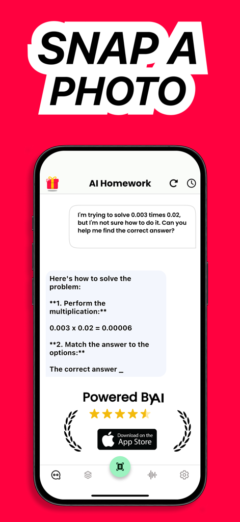 「写真を撮って数学を解く」という見出しとともに、ステップバイステップの掛け算の問題解決を提供するAI宿題ヘルパーアプリを表示するスマートフォンの画面