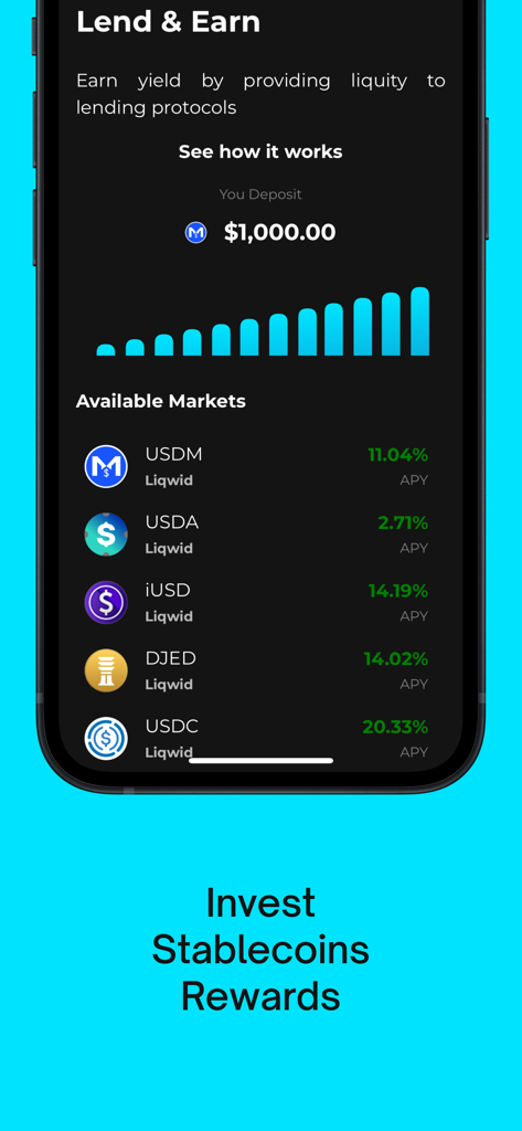 Begin: Bitcoin Cardano Solana - Mobile app screen showing the Lend and Earn feature for stablecoins with various APY percentages in the Begin crypto wallet.