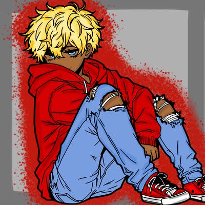 a male hoddie ripped jeans messy hair anime