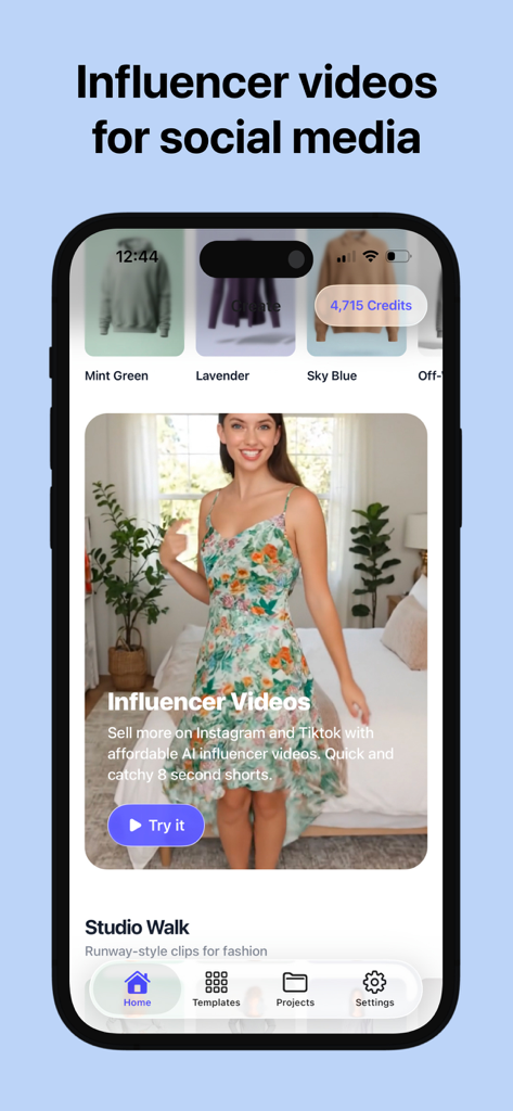Lorean: AI Product Studio - Lorean app interface showing AI-generated influencer videos for social media marketing