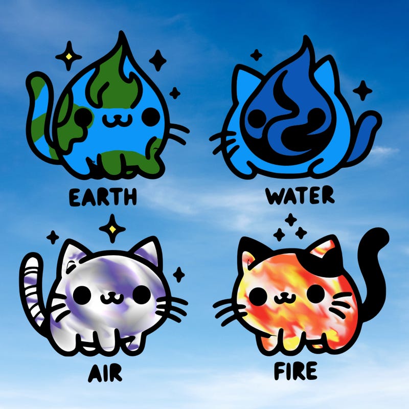 4 cats that represent the different elements, earth, water, air, and fire